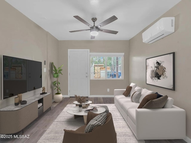 living room featuring ceiling fan, hardwood / wood-style flooring, and a wall mounted AC