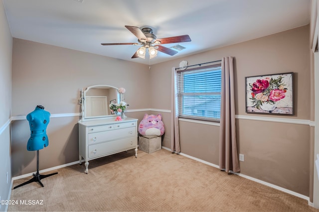 carpeted bedroom featuring ceiling fan