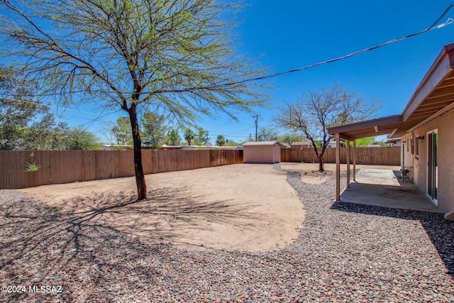 view of yard featuring a patio and a storage unit