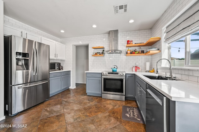 kitchen featuring appliances with stainless steel finishes, backsplash, gray cabinetry, sink, and wall chimney exhaust hood