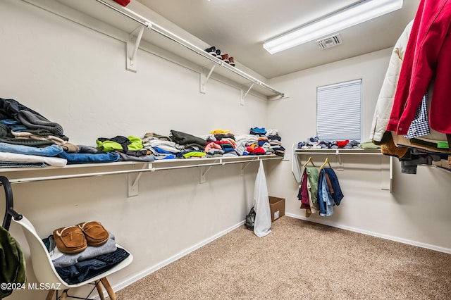 walk in closet with light colored carpet