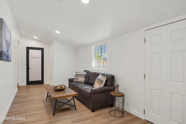 living room with vaulted ceiling and light wood-type flooring