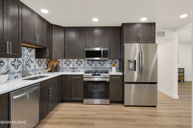 kitchen featuring appliances with stainless steel finishes, dark brown cabinets, light wood-type flooring, and tasteful backsplash