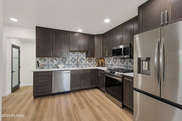 kitchen featuring light hardwood / wood-style flooring, stainless steel appliances, backsplash, and dark brown cabinetry