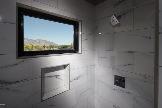 bathroom featuring a mountain view