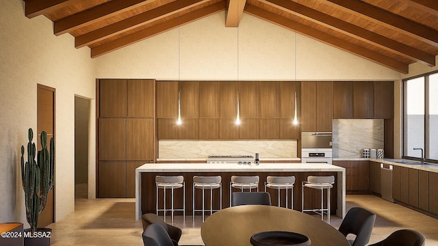 kitchen featuring oven, vaulted ceiling with beams, and wooden ceiling