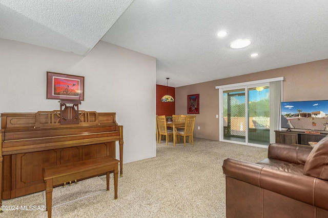 carpeted living room featuring a textured ceiling