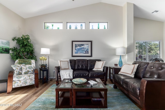 living room with hardwood / wood-style flooring, plenty of natural light, and vaulted ceiling