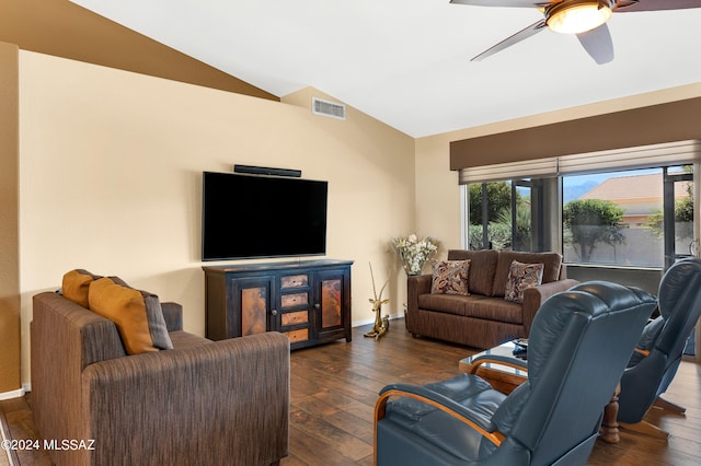 living room featuring ceiling fan, dark hardwood / wood-style floors, and lofted ceiling