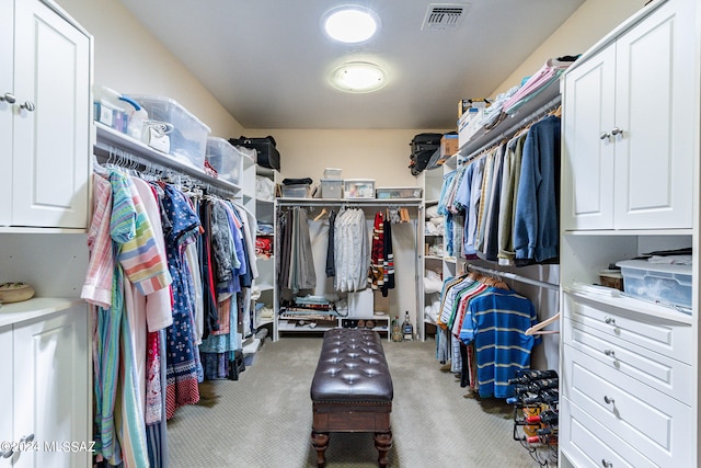 spacious closet featuring light colored carpet