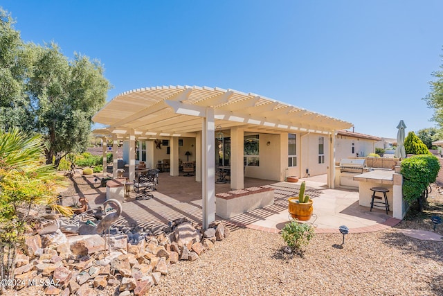 back of house with an outdoor bar, a patio, a pergola, and exterior kitchen