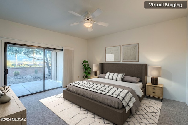 carpeted bedroom with ceiling fan and access to outside