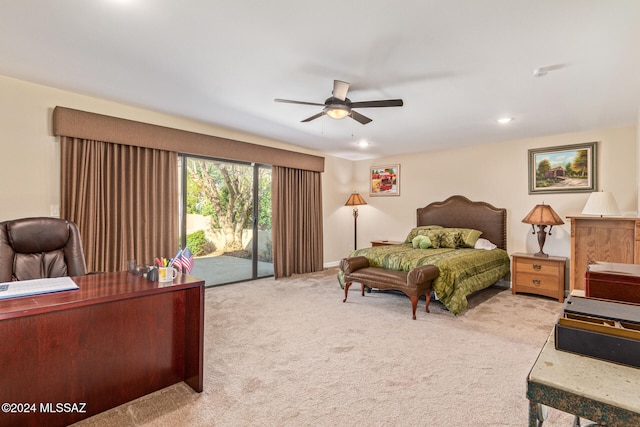 carpeted bedroom with ceiling fan and access to outside