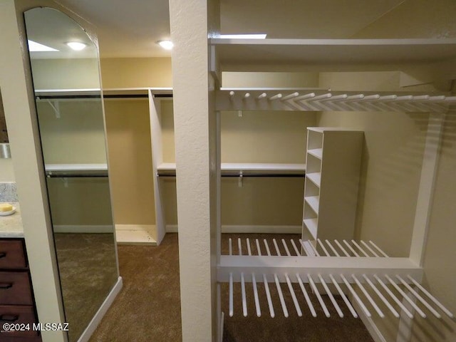 spacious closet featuring dark carpet