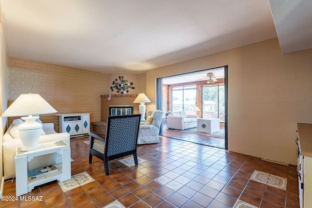 living room with dark tile patterned flooring