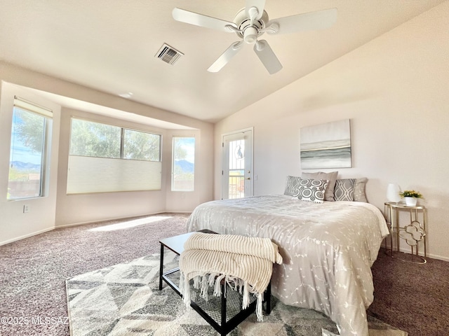 carpeted bedroom featuring a ceiling fan, baseboards, vaulted ceiling, visible vents, and access to exterior