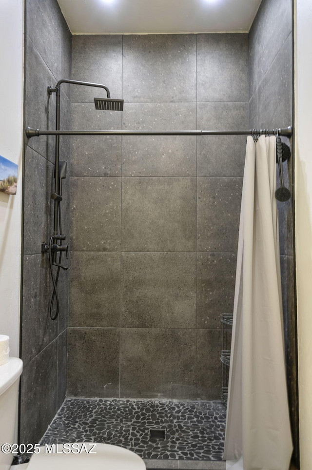 bathroom featuring a stall shower and toilet