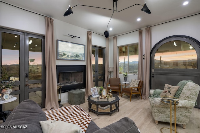 interior space with light wood-style floors, recessed lighting, french doors, and a fireplace