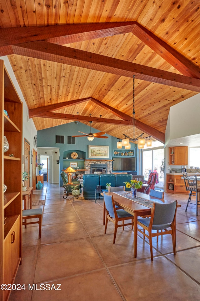 dining room with high vaulted ceiling, ceiling fan, beamed ceiling, wood ceiling, and concrete floors