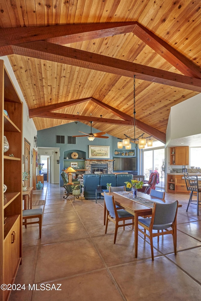 dining area featuring concrete floors, a fireplace, wooden ceiling, and vaulted ceiling with beams