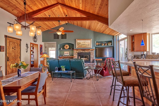 tiled dining room with high vaulted ceiling, ceiling fan, wood ceiling, a fireplace, and built in shelves