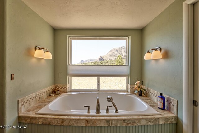 bathroom featuring a mountain view, a garden tub, and a healthy amount of sunlight