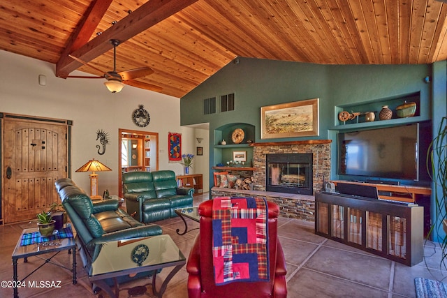 living room with ceiling fan, wood ceiling, a fireplace, built in shelves, and beam ceiling