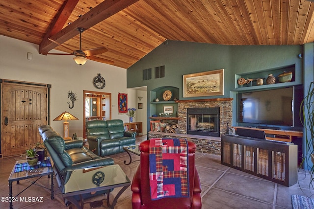 living room featuring high vaulted ceiling, visible vents, wooden ceiling, ceiling fan, and a fireplace