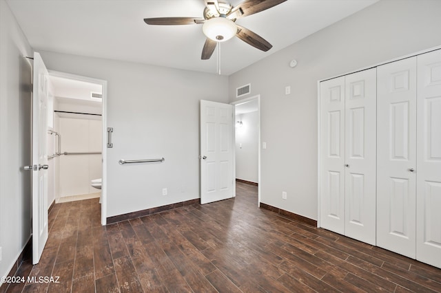 unfurnished bedroom with a closet, ceiling fan, and dark hardwood / wood-style flooring