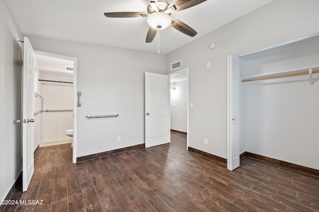 unfurnished bedroom with dark wood-type flooring, ceiling fan, and a closet