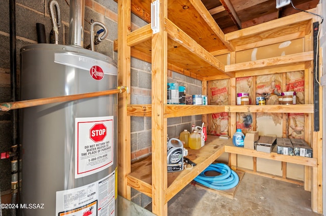 storage area featuring water heater