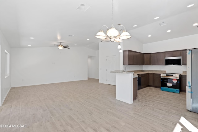 kitchen with ceiling fan with notable chandelier, light hardwood / wood-style floors, kitchen peninsula, and stainless steel appliances