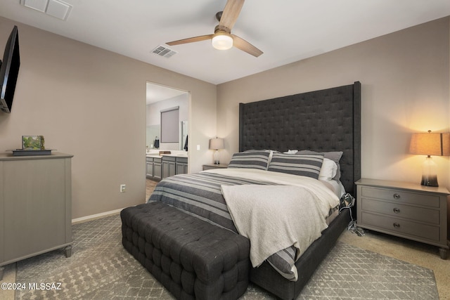 bedroom featuring ceiling fan, ensuite bath, and carpet floors