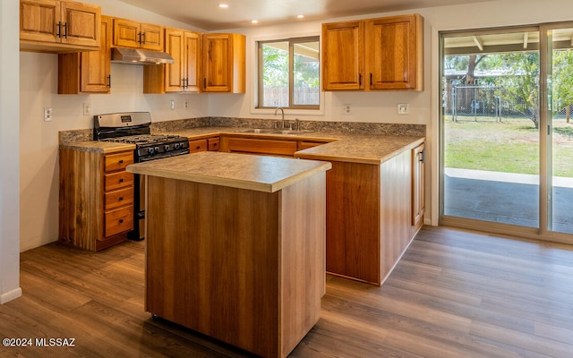 kitchen with dark hardwood / wood-style flooring, sink, and stainless steel gas stove