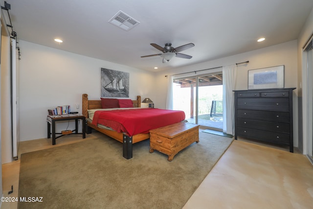 bedroom featuring ceiling fan, carpet, and access to exterior