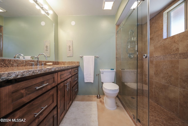 bathroom with walk in shower, oversized vanity, toilet, and tile flooring