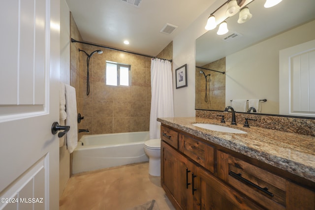 full bathroom featuring vanity, shower / bath combination with curtain, and toilet