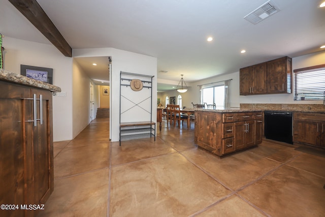 kitchen featuring dark brown cabinets, hanging light fixtures, tile flooring, black dishwasher, and beam ceiling