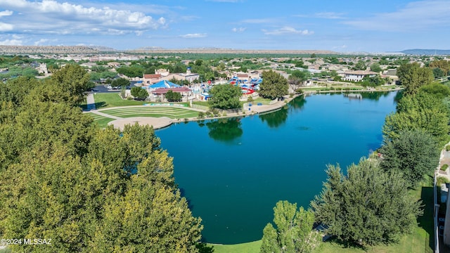 drone / aerial view with a water view