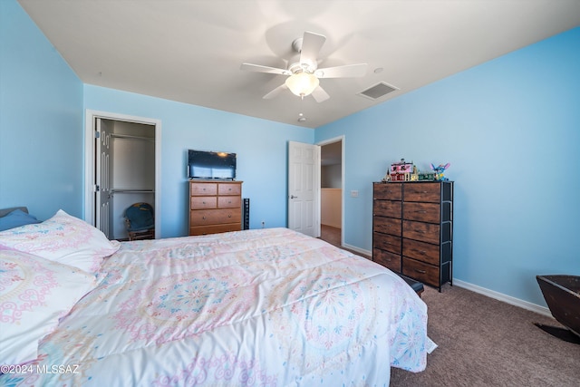 carpeted bedroom featuring ceiling fan