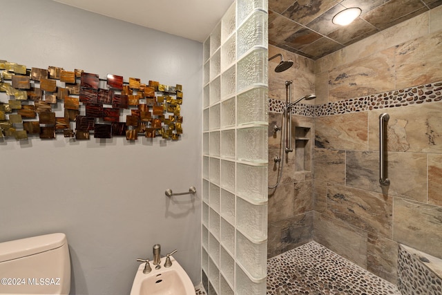 bathroom featuring toilet, a bidet, and a tile shower