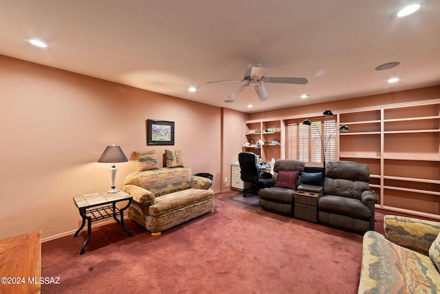 living room with carpet and ceiling fan