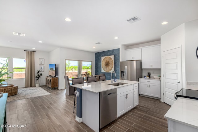 kitchen featuring a kitchen island with sink, appliances with stainless steel finishes, sink, and plenty of natural light