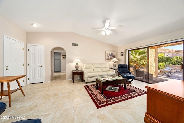 living room with ceiling fan and lofted ceiling