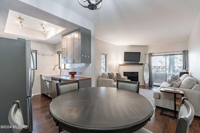 dining space with sink, a raised ceiling, and dark wood-type flooring