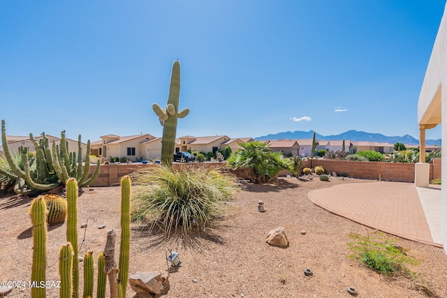 view of yard featuring a patio area and a mountain view