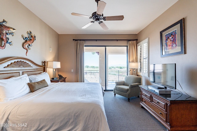 bedroom featuring dark colored carpet, ceiling fan, and access to outside