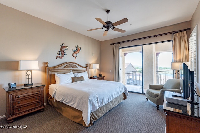 carpeted bedroom featuring ceiling fan and access to outside