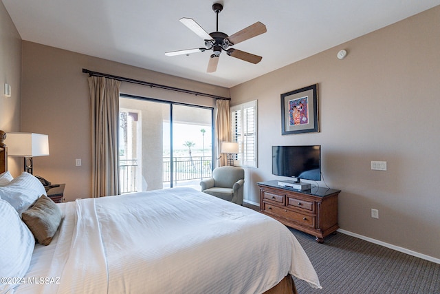 bedroom with ceiling fan, carpet, and access to outside