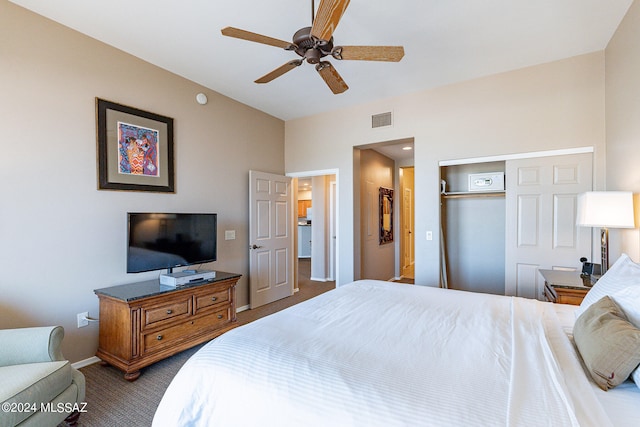 bedroom featuring a closet, carpet floors, and ceiling fan